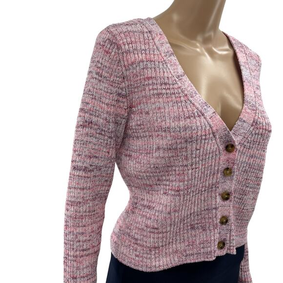 Intermix Kiera Marled Pink Knit Cropped Cardigan Sweater - Picture 8 of 13